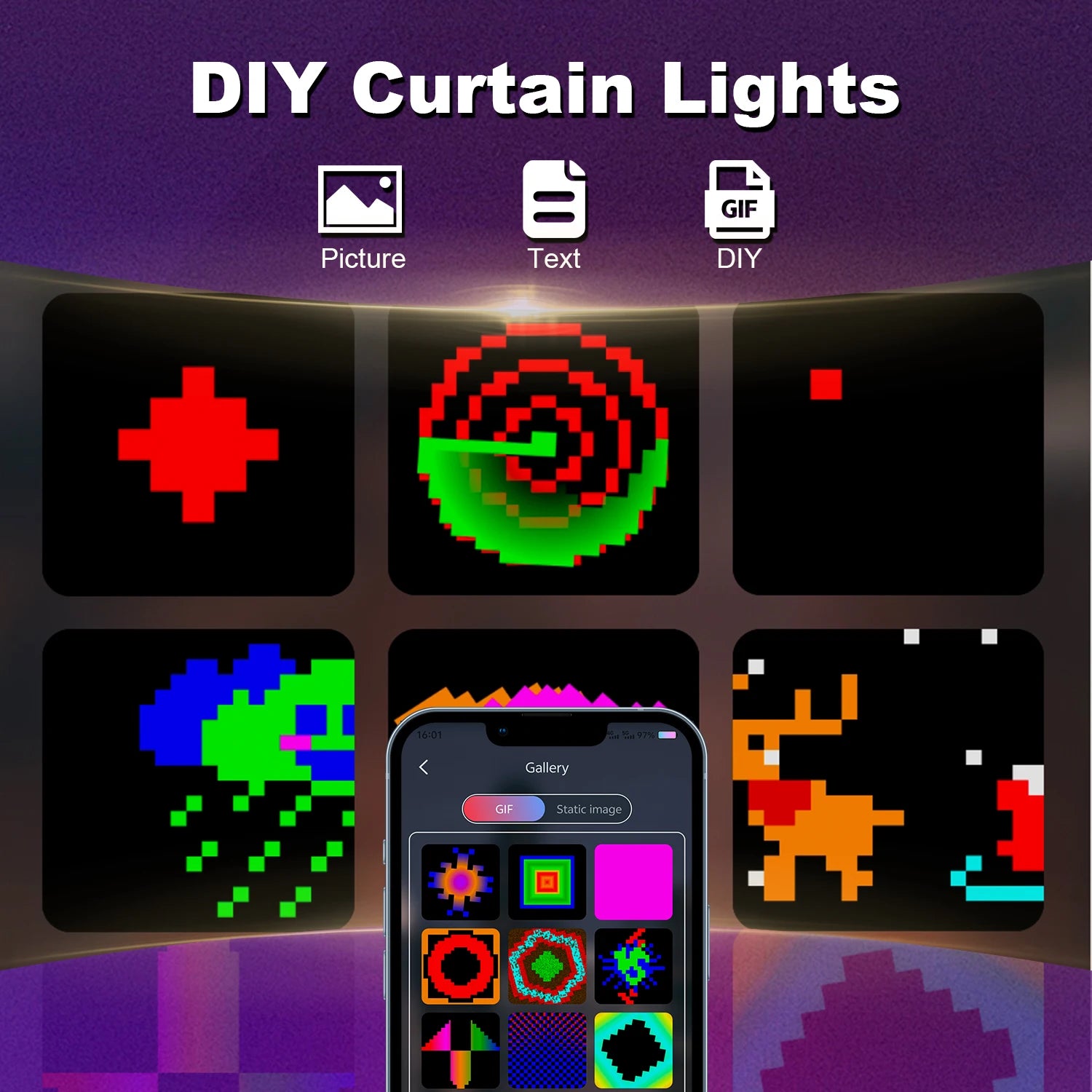 AuraCurtain LED Lights Smart Curtain String Lights RGB Color Syncing USB Powered