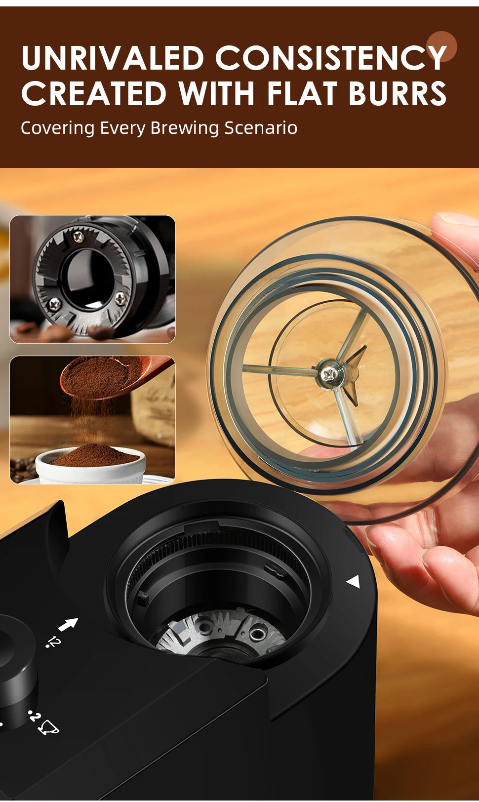 BeanMaster Coffee Grinder Electric Burr Mill Grinder Built-In Cleaning Brush