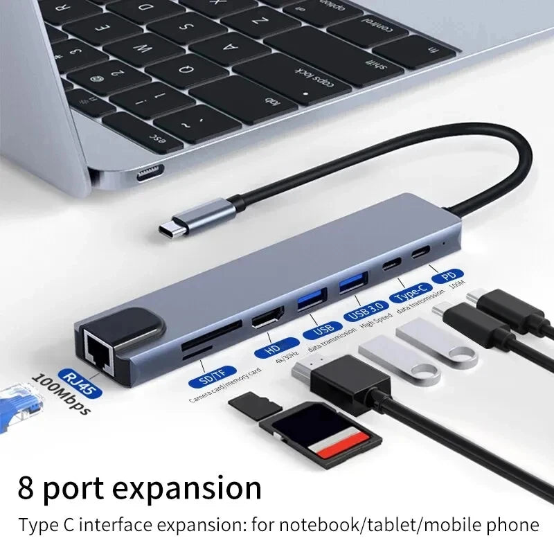 PortHub 8-in-1 USB-C Hub Laptop Docking Station  HDMI (4K) SD & microSD Reader