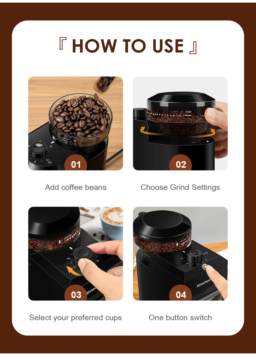 BeanMaster Coffee Grinder Electric Burr Mill Grinder Built-In Cleaning Brush