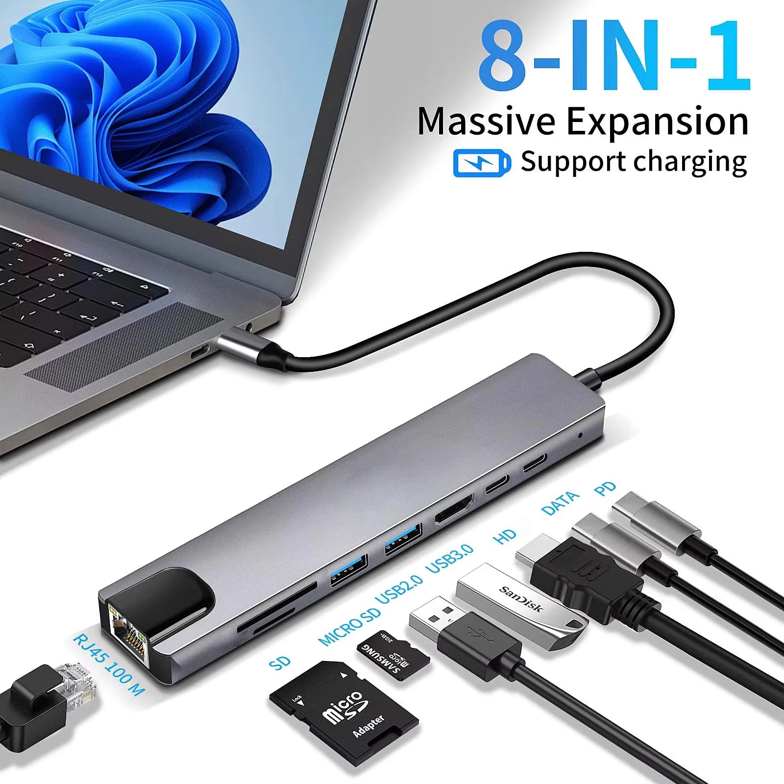 PortHub 8-in-1 USB-C Hub Laptop Docking Station  HDMI (4K) SD & microSD Reader