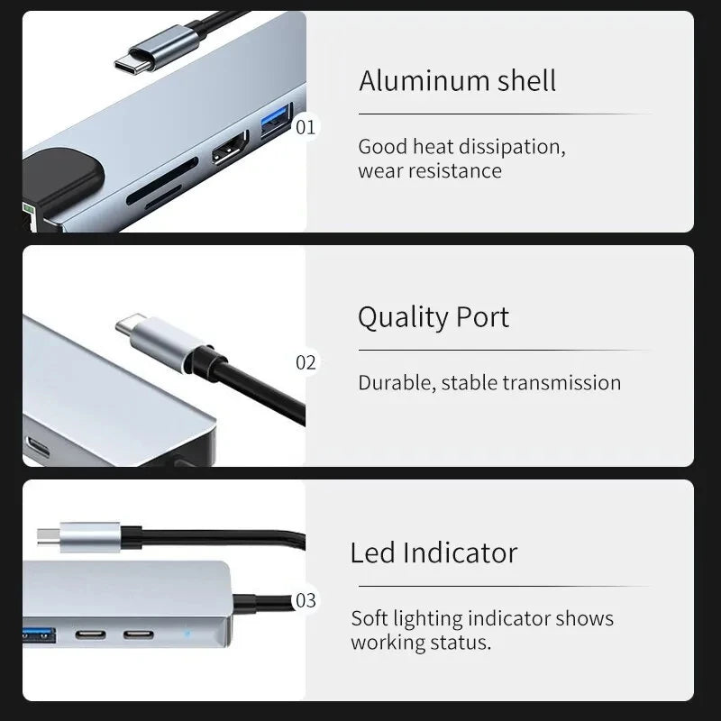 PortHub 8-in-1 USB-C Hub Laptop Docking Station  HDMI (4K) SD & microSD Reader