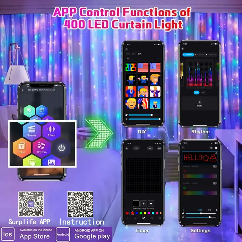 AuraCurtain LED Lights Smart Curtain String Lights RGB Color Syncing USB Powered