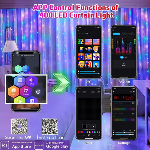 AuraCurtain LED Lights Smart Curtain String Lights RGB Color Syncing USB Powered