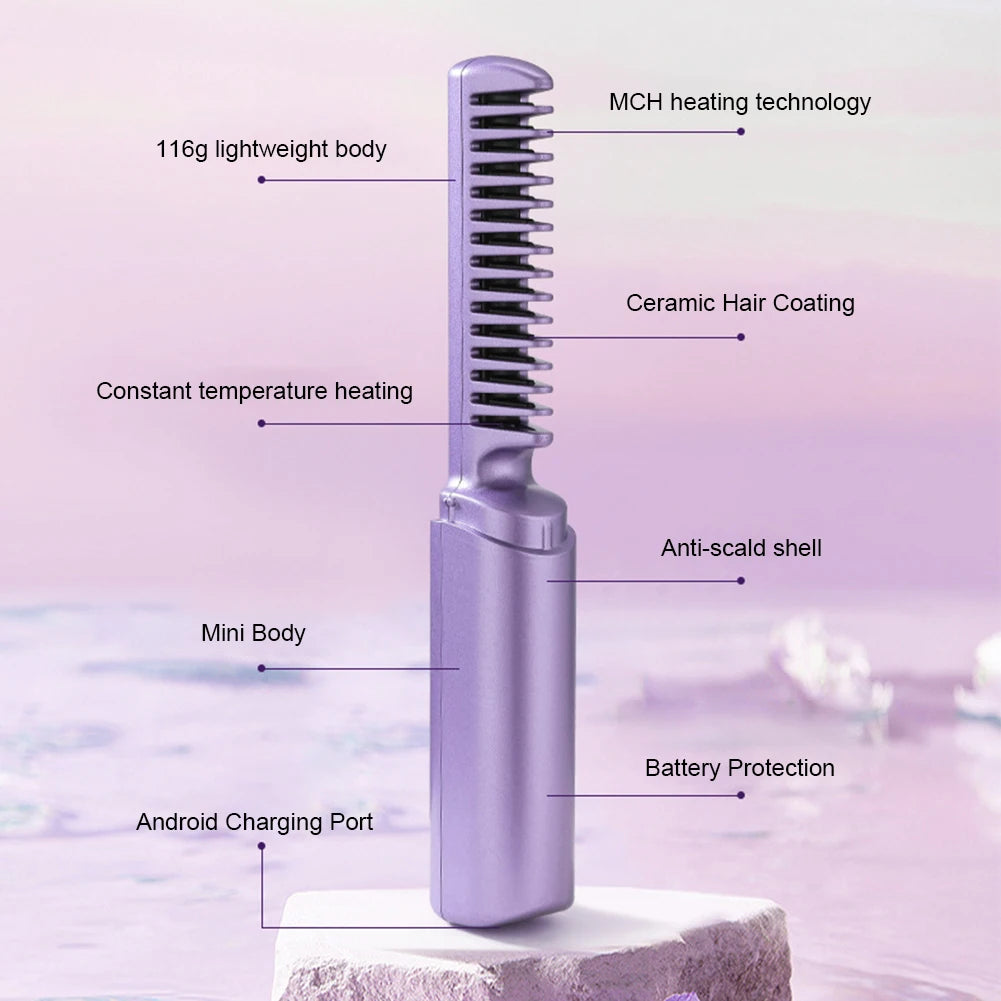 HeatGuard Hair Straightener  Cordless Ceramic Hair Straightening Brush Long-Lasting Battery