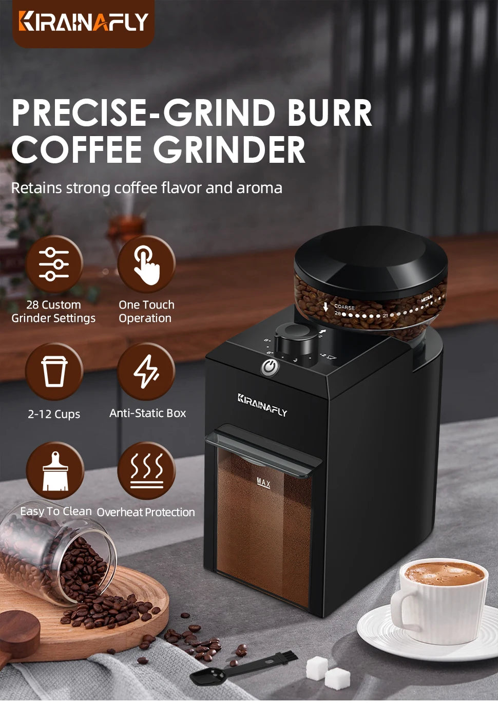 BeanMaster Coffee Grinder Electric Burr Mill Grinder Built-In Cleaning Brush