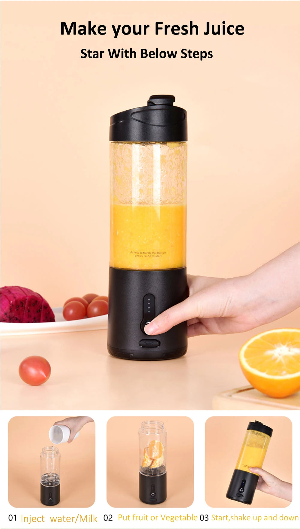 BlendGo Portable Blender USB Rechargeable Personal Blender  380ml High-Speed Blades
