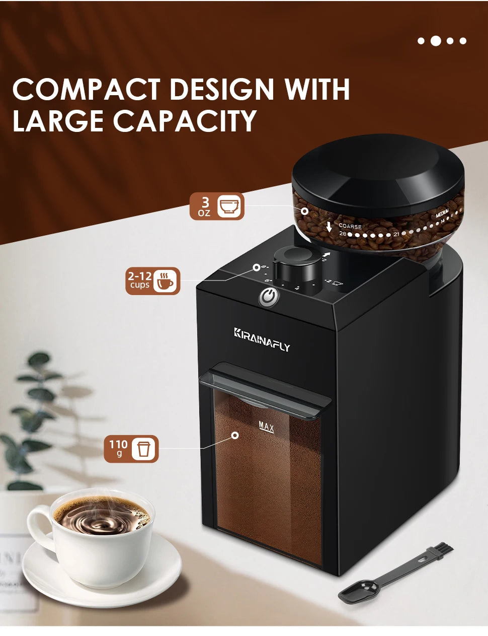 BeanMaster Coffee Grinder Electric Burr Mill Grinder Built-In Cleaning Brush