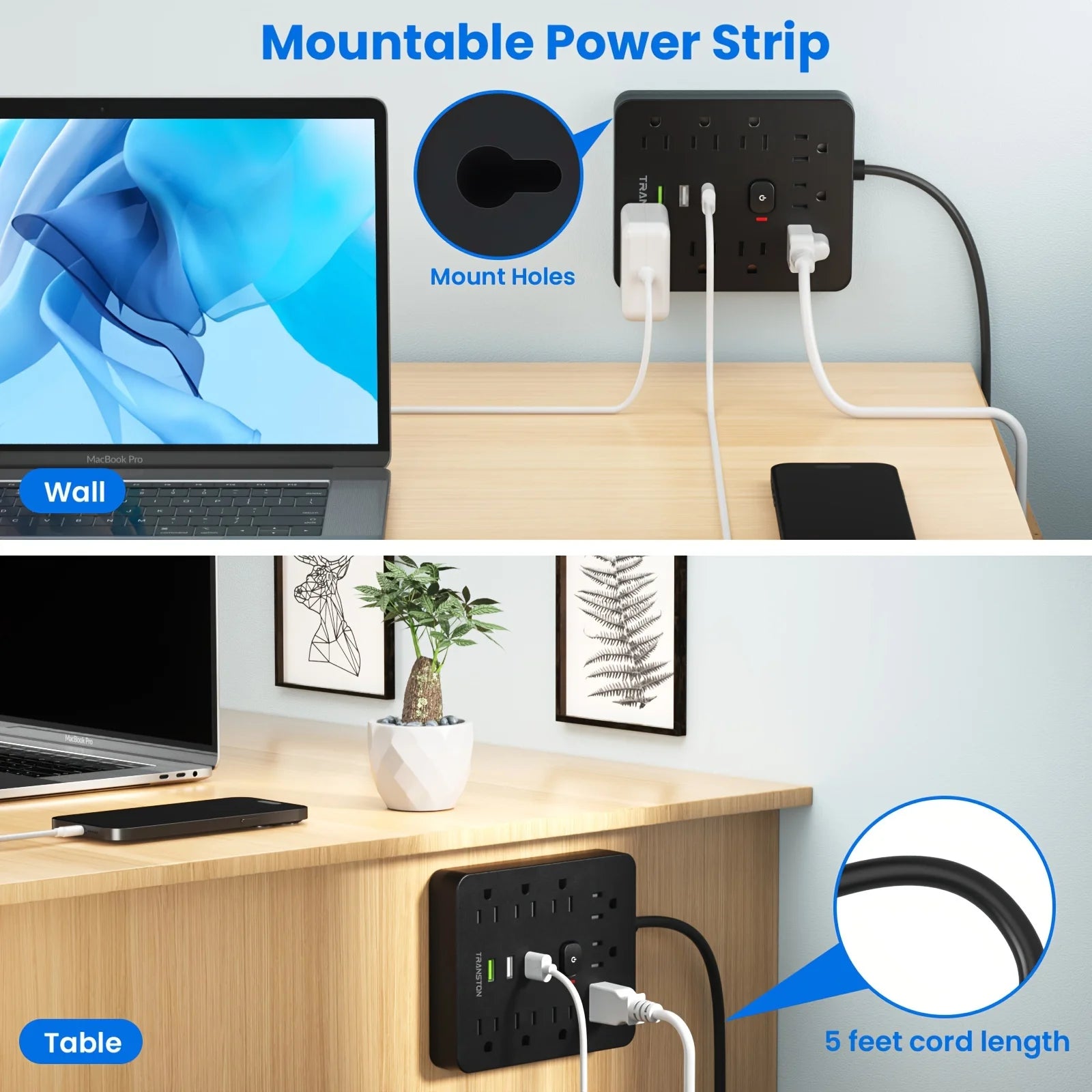 PowerHub Surge Protector Multi-Outlet Power Strip 6 AC Outlets + 4 USB Ports
