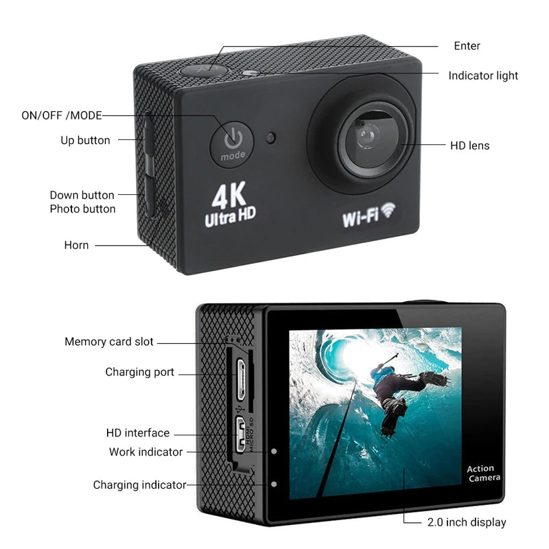 AquaCam 4K Action Camera Waterproof Sports Action Camera  4K UHD (also supports 1080p @ 60fps)